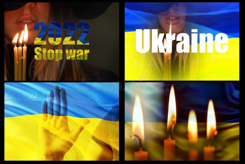 The girl prays against the background of the state flag and coat of arms of Ukraine, peace in Ukraine, martial law, a
