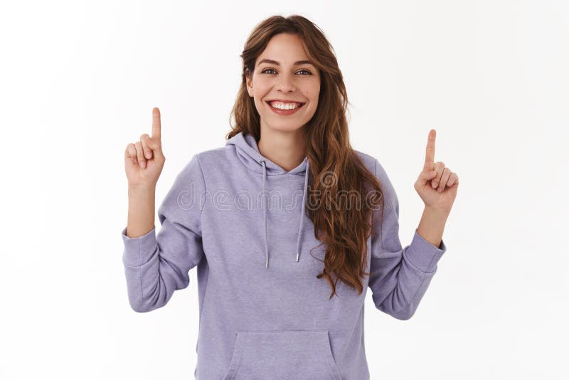 Girl prefers going upwards. Cheerful charismatic beautiful carefree young woman curly long haircut purple hoodie raise royalty free stock image Girl prefers going upwards. Cheerful charismatic beautiful carefree young woman curly long haircut purple hoodie raise royalty free stock image