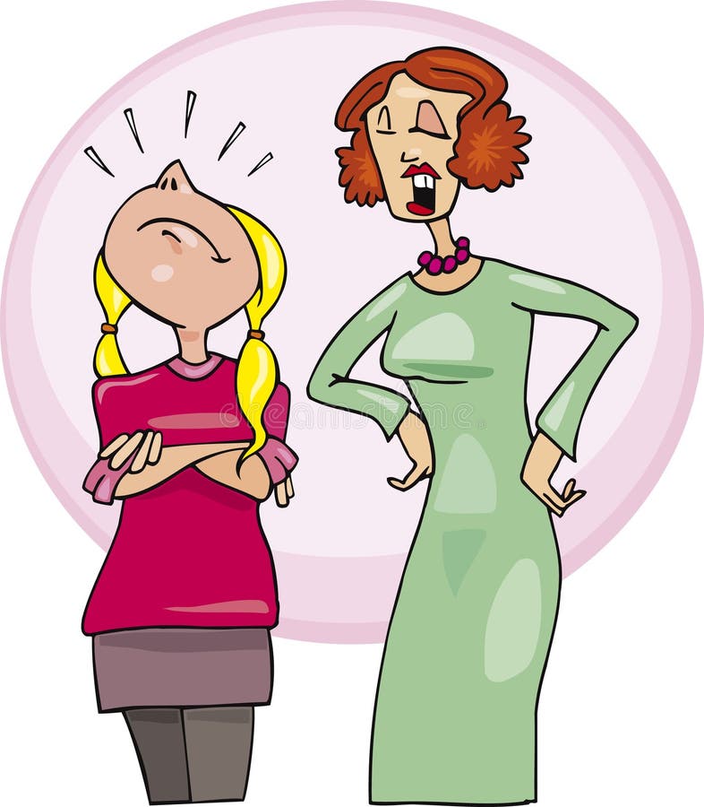 Cartoon illustration of puffed up girl and mother talking to her. Cartoon illustration of puffed up girl and mother talking to her