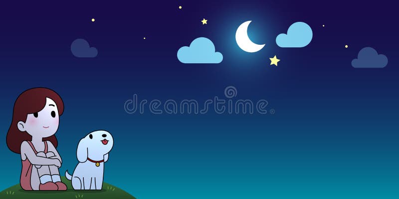 Girl and Puppy Sit and Look Up To the Moon in Night Sky Cartoon Background  with Copy Space Design. Stock Vector - Illustration of girl, glitter:  178886812