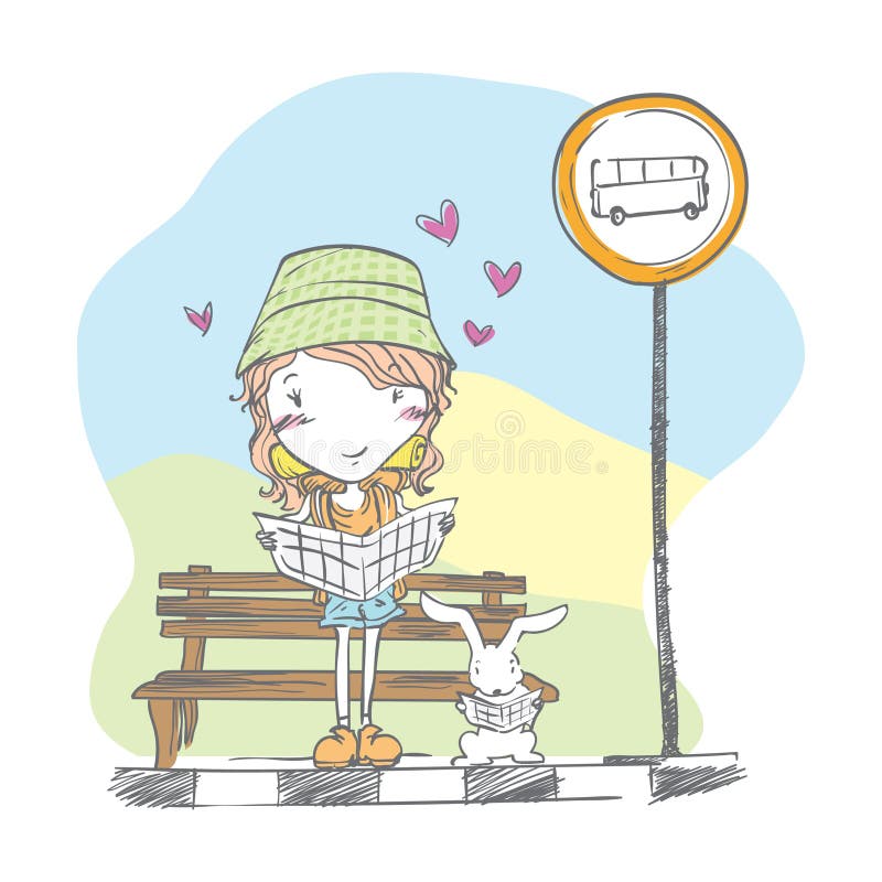 Girl and a rabbit reading newspaper at the bus stop. Vector illustration decorative background design royalty free illustration