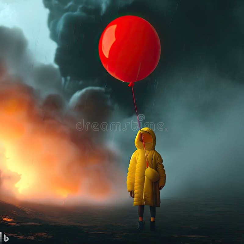 Girl in a Raincoat with a Red Balloon on Background of Volcano Fire and ...