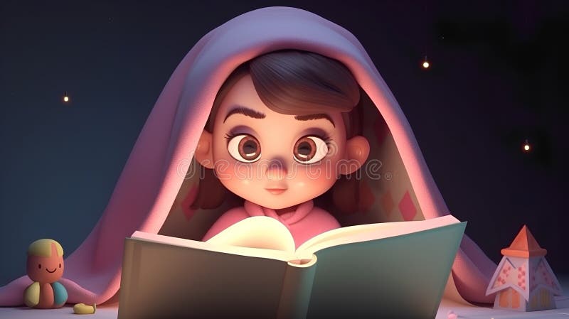 Girl reading a book in the night,3d render,illustration