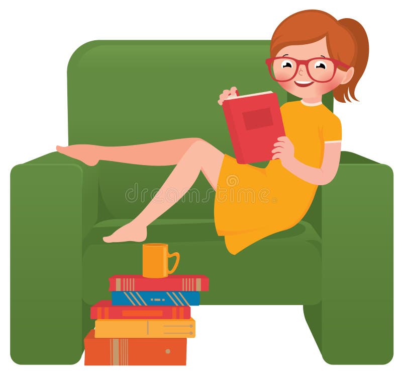 Stock Vector cartoon illustration of a girl reading a book sitting in a chair