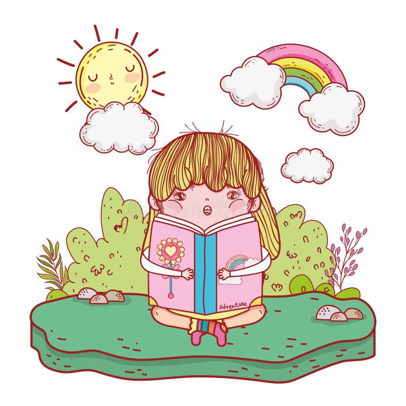 Girl Reading Book with Sun Kawaii in the Field Stock Vector ...