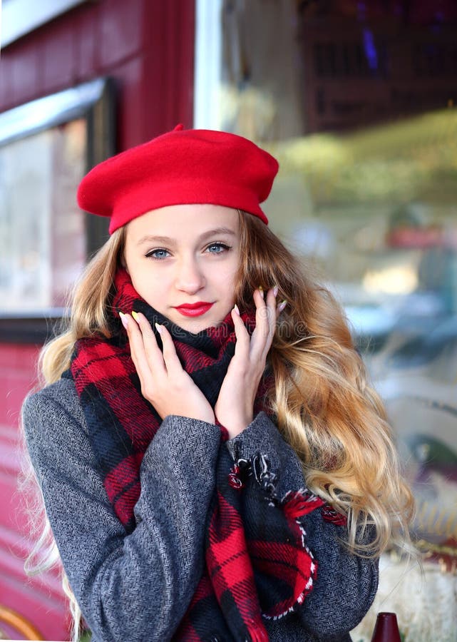 Girl in a Red Beret at a Cafe on the Street Stock Image - Image of ...