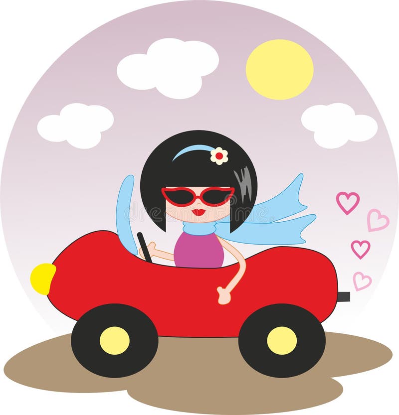 Girl in red car - cartoon