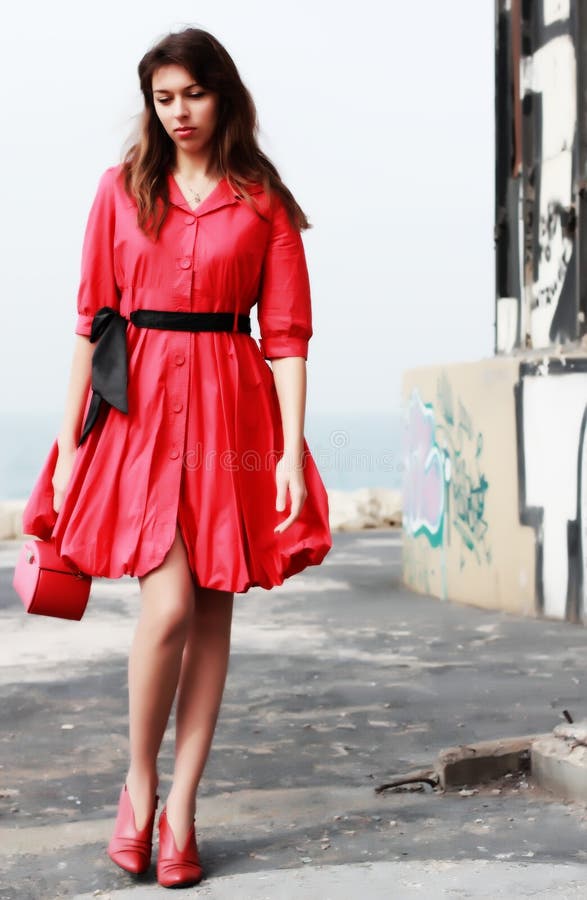 Girl in red dress stock image. Image of urban, lady, street 23961131