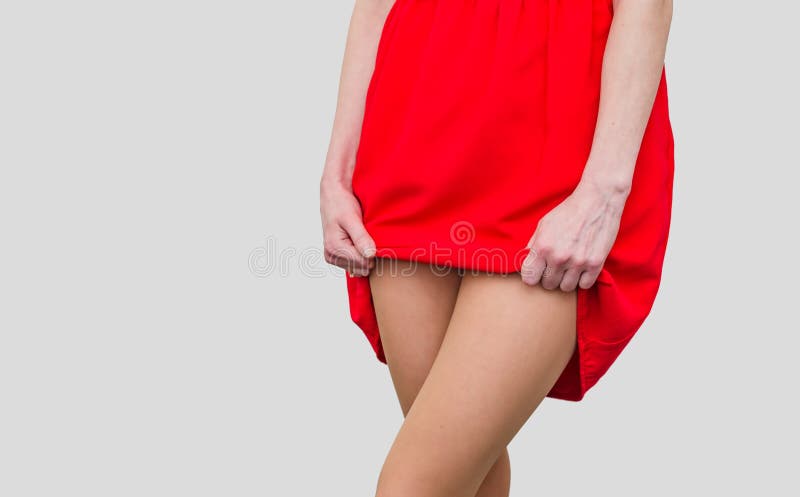 Girl in the Red Dress Lifts the Hem, Show Legs