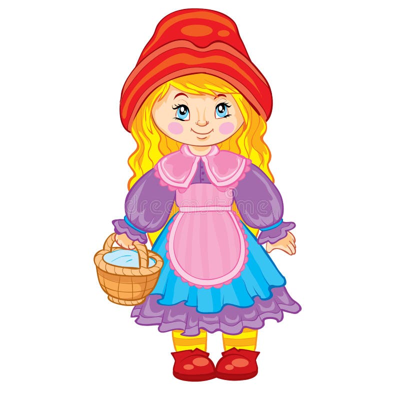 Girl in a red hat and a basket in her hands, little red riding hood, fairy tale character, cartoon illustration, isolated object