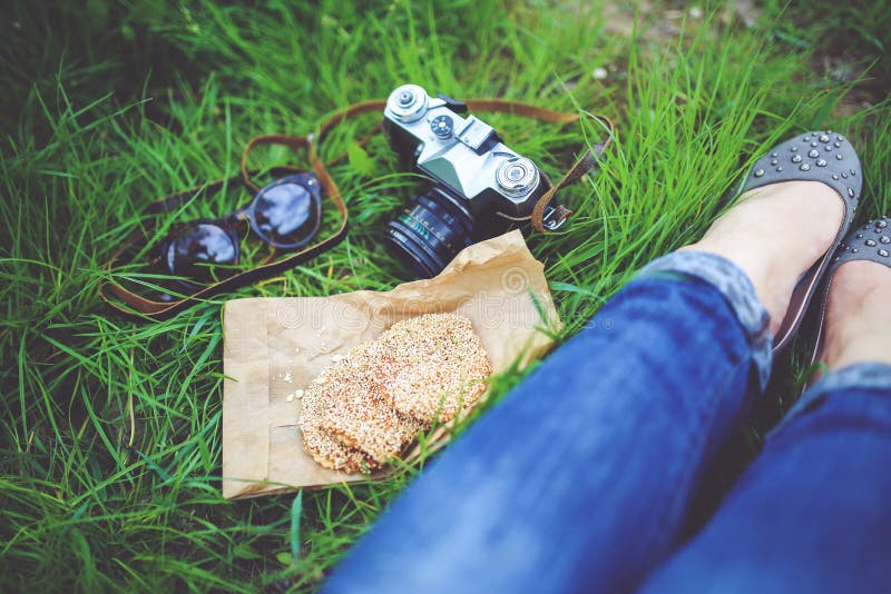 Girl Resting On Green Grass With Cookies And Camera Free Public Domain Cc0 Image