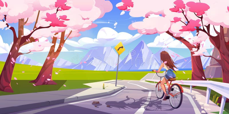 Girl riding bike on japanese road near mountain through sakura forest with falling petals. Cherry blossom rock valley view vector cartoon background. Female cyclist ride on weekend. Girl riding bike on japanese road near mountain through sakura forest with falling petals. Cherry blossom rock valley view vector cartoon background. Female cyclist ride on weekend.