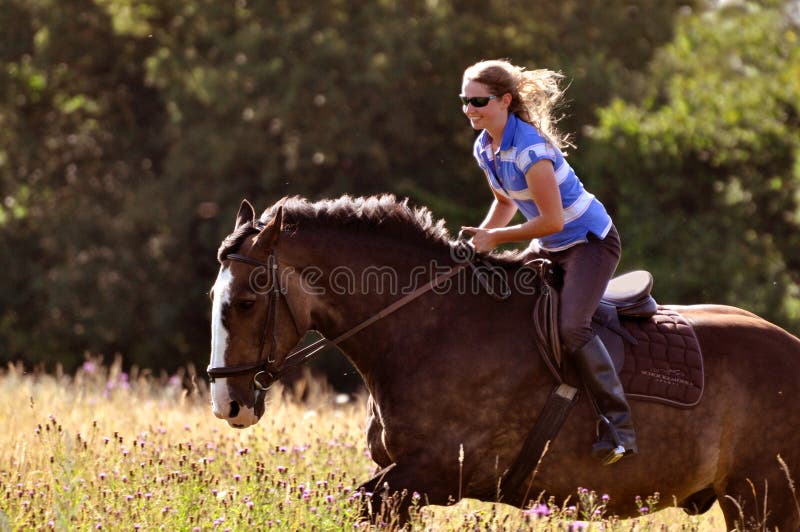 Girl riding horse in meadow