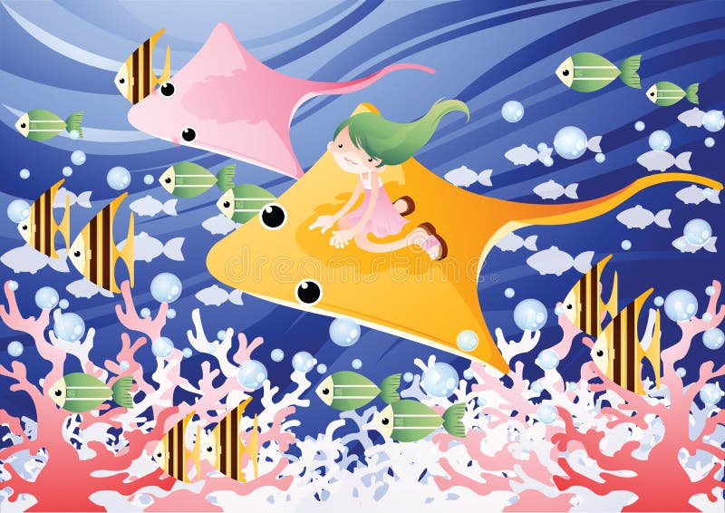 Girl riding on the stingray. Vector illustration decorative design royalty free illustration