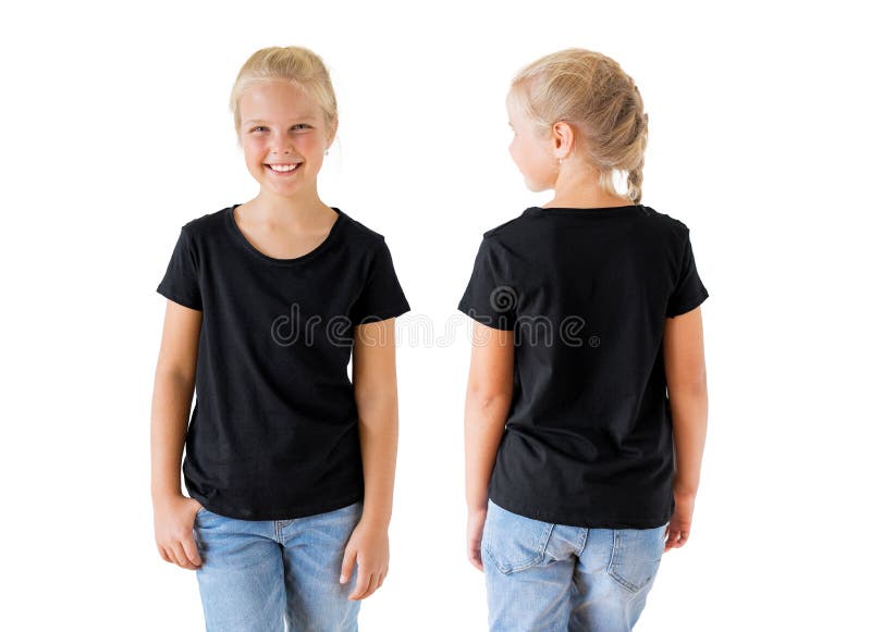 Girl`s Black Tshirt Mockup Template, Front and Back Stock Photo