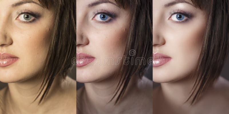 Girl s face close up in 3 options: the original, after color cor