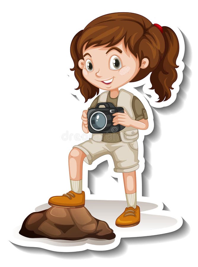 Girl in Safari Outfit Cartoon Character Sticker Stock Vector