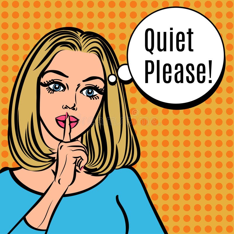 Girl says Quiet Please! Vector retro woman with silence sign