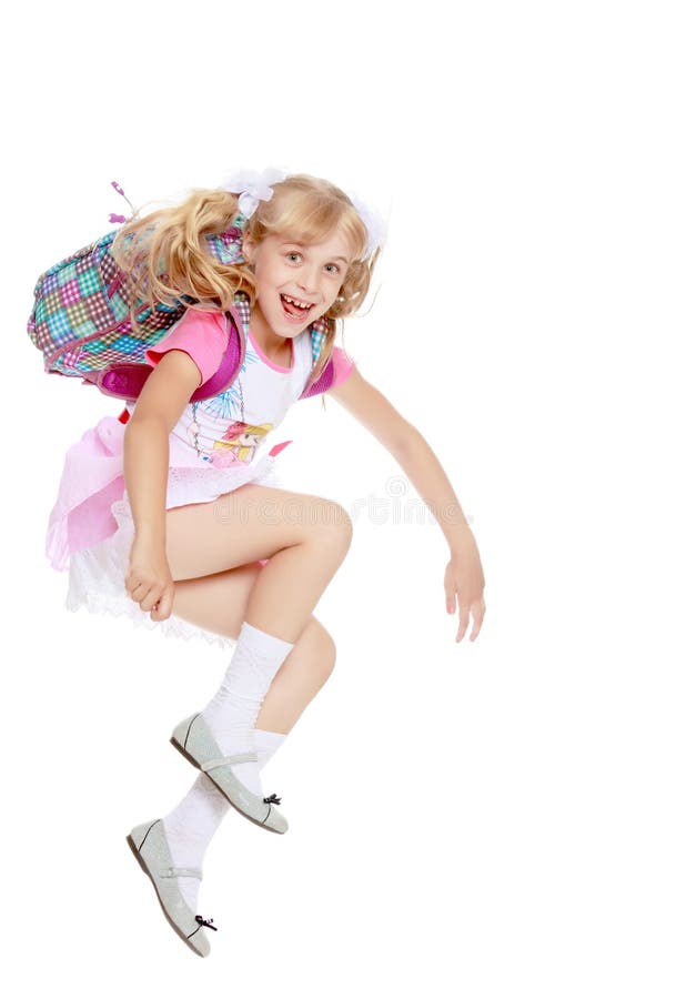 Girl with school backpack stock photo. Image of isolated - 90479038