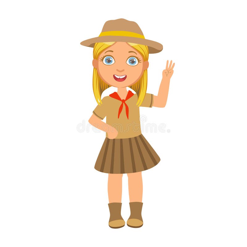 Girl scout raising her hand up and showing number three, a colorful character