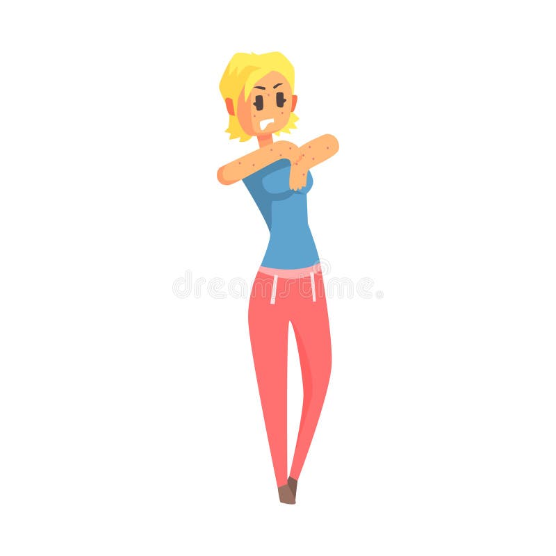 Girl Scratching Arms Covered In Pimples, Adult Person Feeling Unwell, Sick, Suffering From Illness stock illustration Girl Scratching Arms Covered In Pimples, Adult Person Feeling Unwell, Sick, Suffering From Illness stock illustration