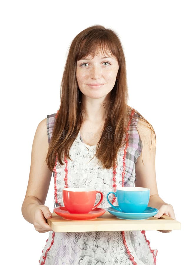 Girl with set of tea cups stock image. Image of female 14694233