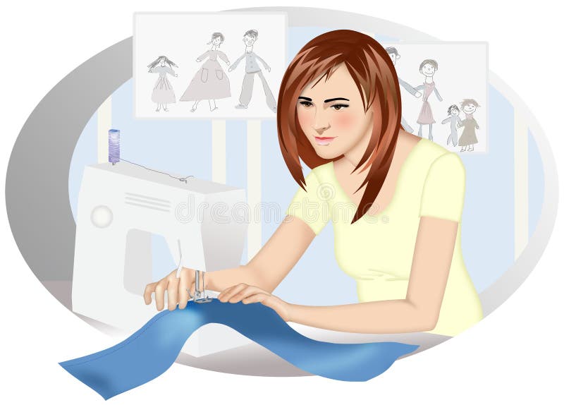 A Girl Sews on a Sewing Machine Stock Illustration - Illustration of