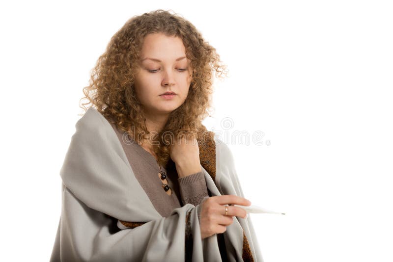 Girl in Shawl Checks Temperature Closeup Stock Photo Image of hair