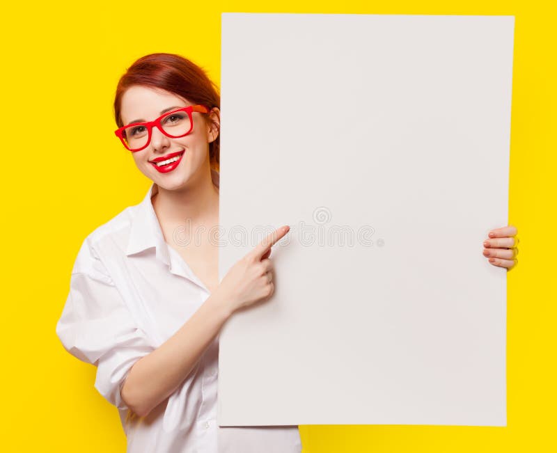 Girl in shirt and glasses with white board