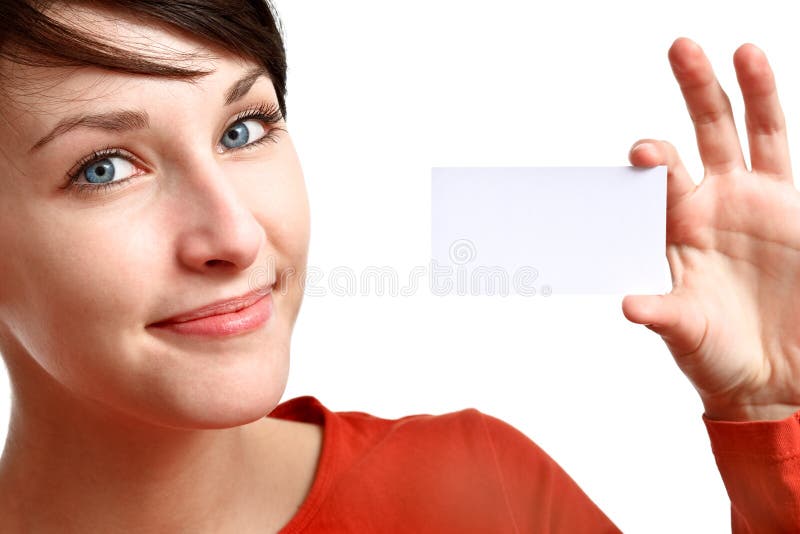 Girl showing business card stock photo. Image of isolated 14747390