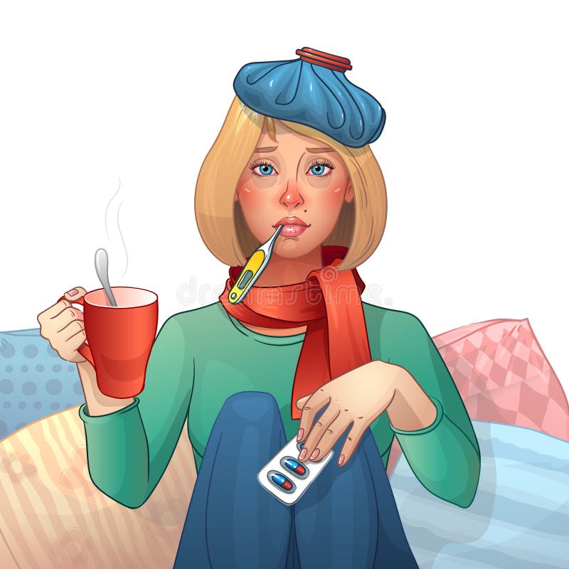 Sick Girl. Cold. Medications, Thermometer, Cup of Tea. Vector Illustration Stock Vector - Illustration of girl, disease: 81636690 Sick Girl. Cold. Medications, Thermometer, Cup of Tea. Vector Illustration Stock Vector - Illustration of girl, disease: 81636690