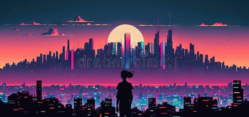 Girl Silhouette in Front of Panoramic Cityscape in Cyberpunk Futuristic ...