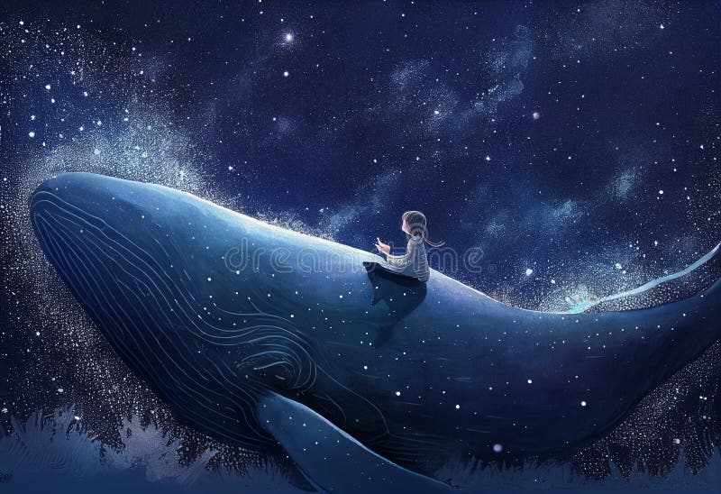 A Girl Sitting on the Back of a Big Blue Whale. AI Generated Stock ...