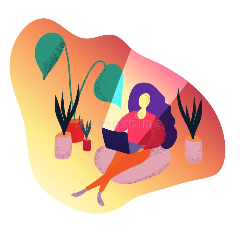 Girl sitting in a chair and using a laptop. The concept of work, creative process. Workspace. Vector illustration in cartoon hand drawn style