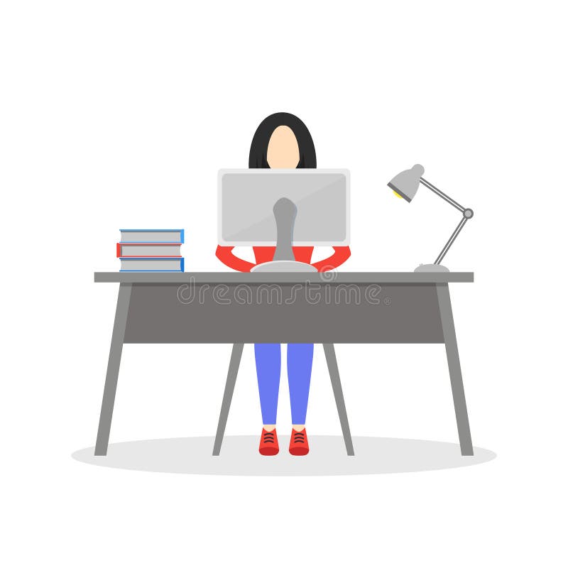 Girl sitting at desk with computer, lamp and books. Business woman working in office. Employee working day. Character design. Trendy modern flat design. Vector illustration on white.