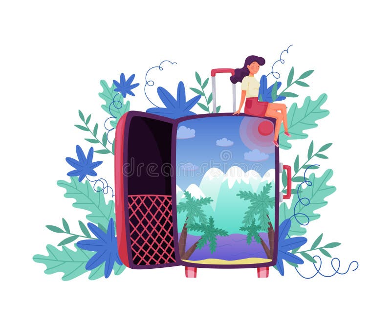 Girl Sitting on Huge Luggage Installation with Floral Leaves Peeped Out from Behind Vector Illustration stock illustration