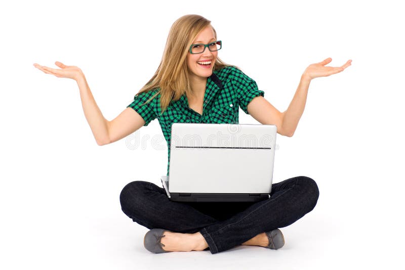 Girl sitting with laptop royalty free stock photography Girl sitting with laptop royalty free stock photography