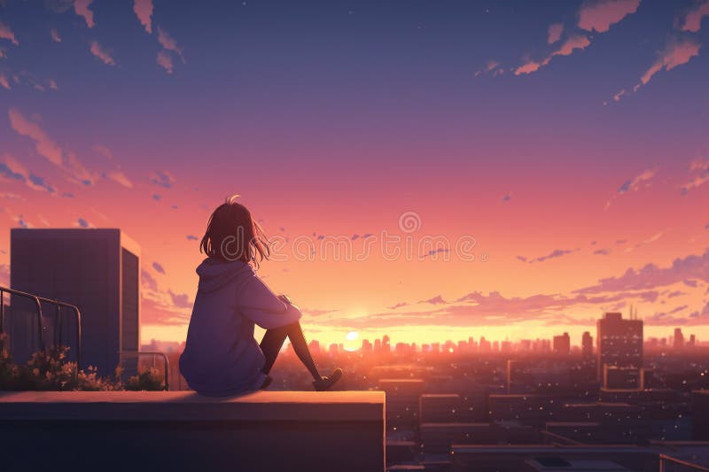 feeling free and flying, anime girl flying over a city, peaceful manga  artwork, generative ai technology Stock Illustration