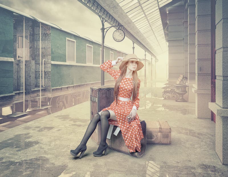 The girl sitting on the suitcase