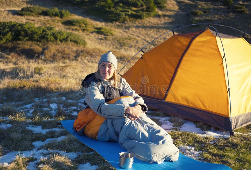 Girl in a sleeping bag.