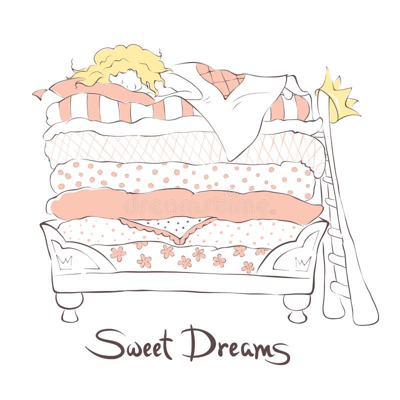 Girl sleeping sweetly on the bed Princess and the Pea