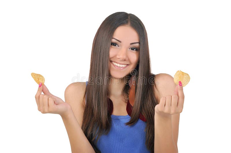 Girl smiling with chips stock image. Image of emotion 31803373