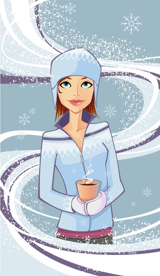 Cute Winter Girl with Coffee Cup Stock Illustration - Illustration of ...