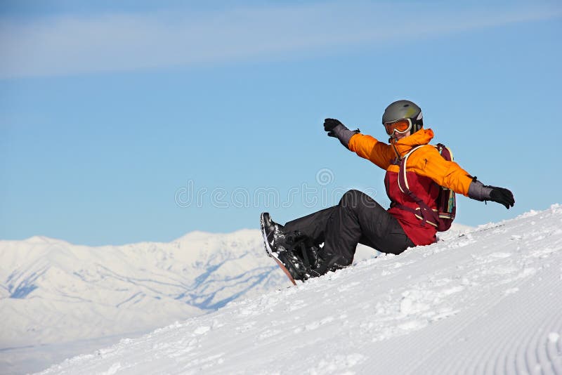 Young Woman With Snowboard Sitting On The Slope Of Hill Stock Photo ...