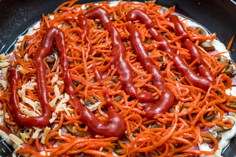 The Girl Spreads the Pizza with Slices of Cheese Stock Image Image of