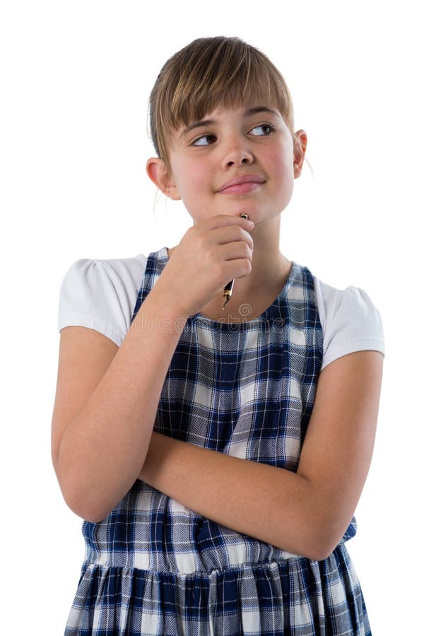 Smiling Cute Girl Standing In A Pose Against White Stock