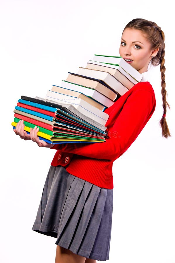 Girl Standing With A Bunch Of Books Stock Photo Image of books, book