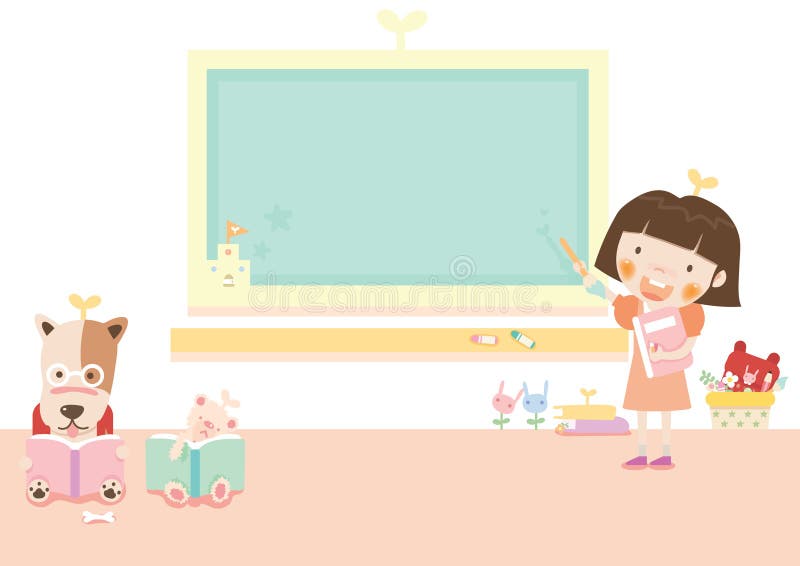 Girl standing beside a chalkboard. Vector illustration decorative design royalty free illustration