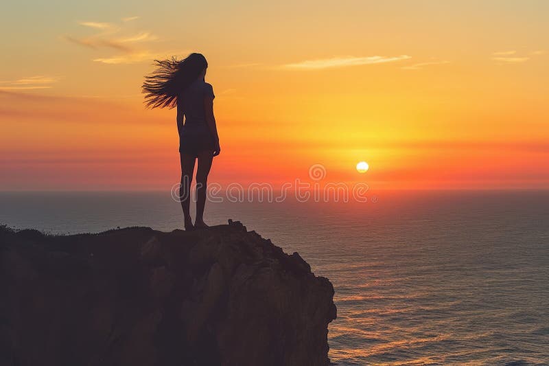 Girl Standing On A Cliff Looking Out At The Sunset With Her Hair Blowing In The Wind Stock 