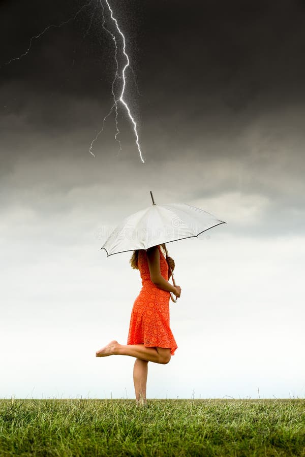 Girl with Umbrella in Storm Stock Photo Image of female, background